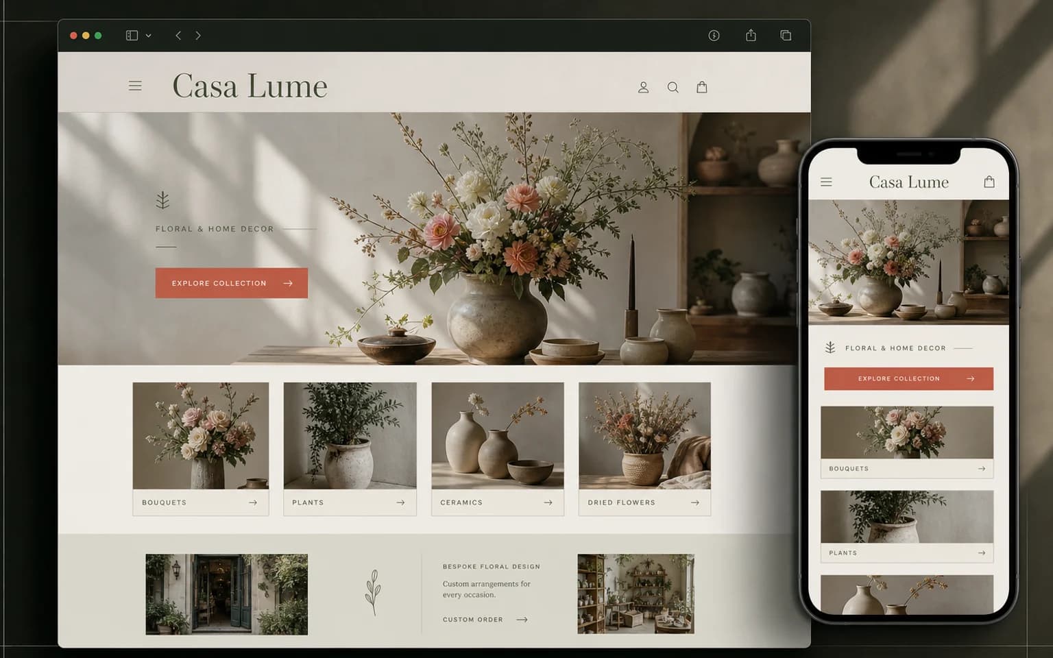 Projeto conceitual Casa Lume exibido em telas desktop e mobile
