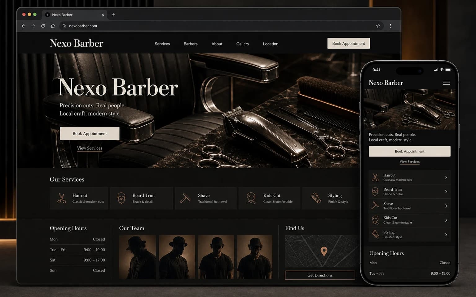 Projeto conceitual Nexo Barber exibido em telas desktop e mobile